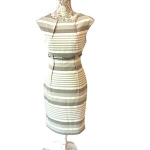 Ladies' Calvin Klein Beige White‎ Striped Waist Belt Sleeveless Dress Sz 2